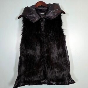 DKNY Womens Black Faux Fur Puffer Vest Hooded Quilted Zip Up Gilet Small